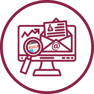 Decorative Image - "A computer screen displaying an envelope with financial documents, magnifying glass showing a web search, symbolizing bid matching services."