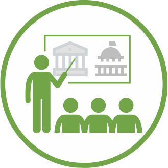 Decorative Image - "A presenter pointing to government buildings while a group of people watch, representing workshops and webinars on government contracting."