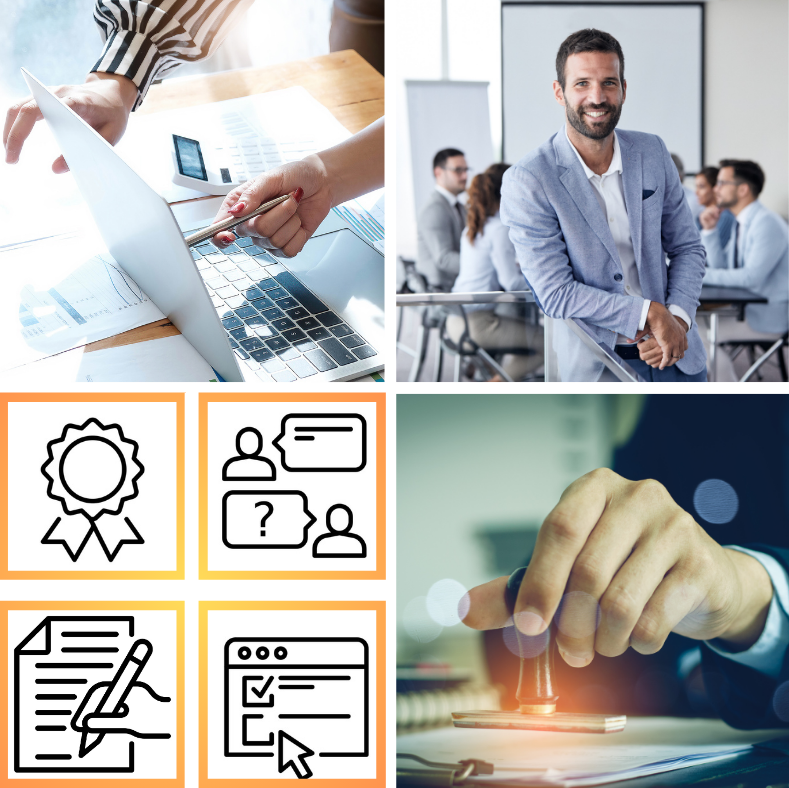 Image - collage showing government contracting themes: a close-up of hands working on a laptop with charts; a smiling professional in a blue blazer standing in front of a seated group; four icons representing certification, advising, document review, and online registration; and a hand stamping an official document.