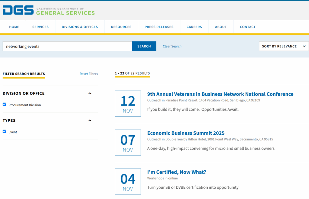 Screenshot of the California Department of General Services website showing search results for networking events. Events listed include the 9th Annual Veterans in Business Network National Conference on November 12 in San Diego the Economic Business Summit 2025 on November 7 in Sacramento and a virtual workshop titled I’m Certified Now What on November 4.